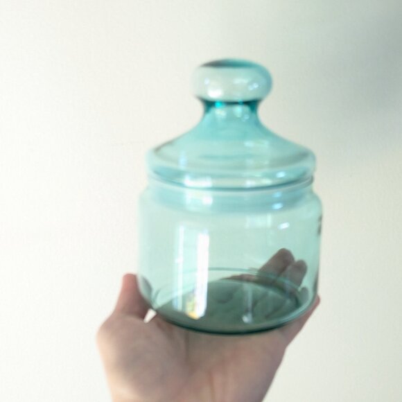 Vintage 2 LUMINARC aqua blue glass storage jars, Coastal FRENCH apothecary jars - Picture 3 of 10